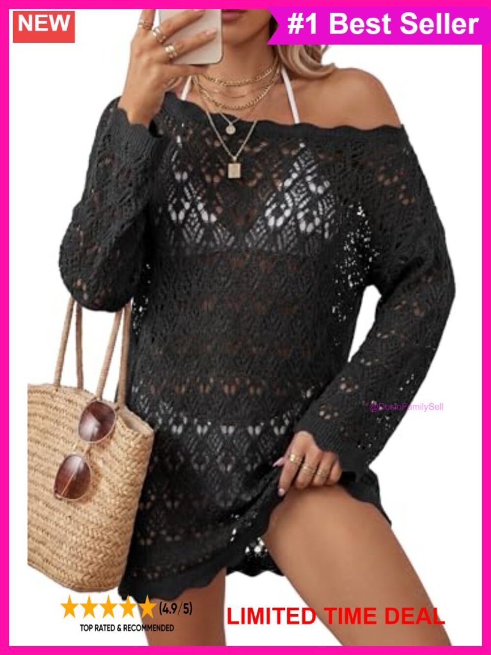 100% Cotton Crochet Oversized Swimsuit Cover Up Off Shoulder Boat Neck Beach